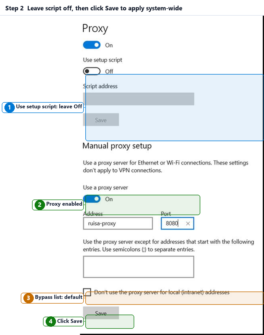 Windows 10 proxy settings showing the manual proxy switch, server address, port, and Save button.