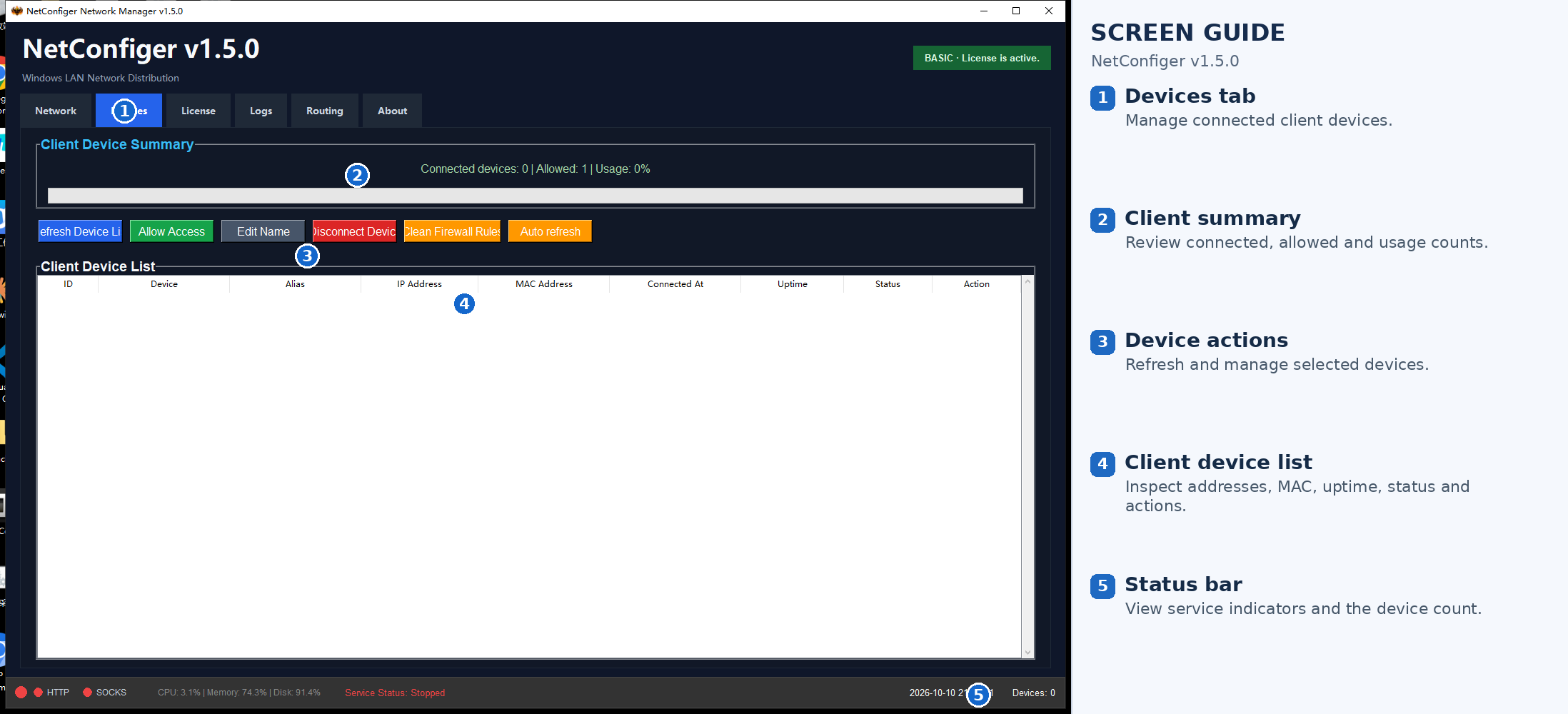 NetConfiger device management showing LAN client list, connection status, and device actions.