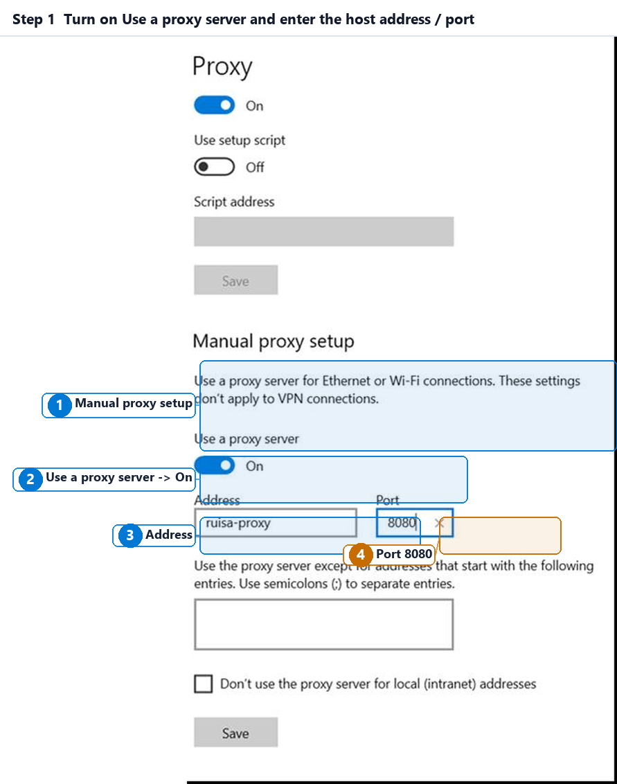 Windows 10 manual proxy setup with fields for the LAN proxy host address and HTTP port.