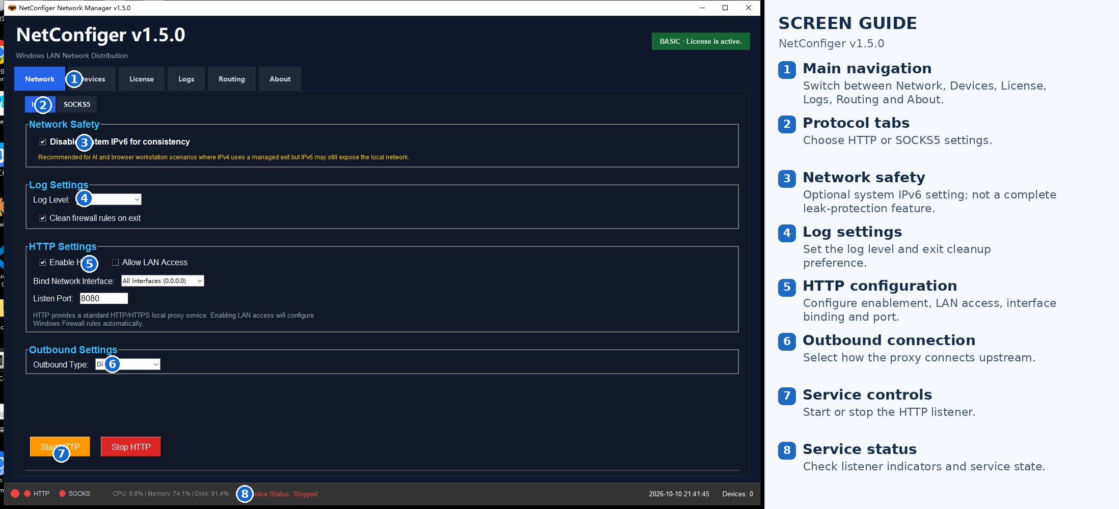 NetConfiger dashboard showing HTTP proxy settings, LAN access, and service start controls.